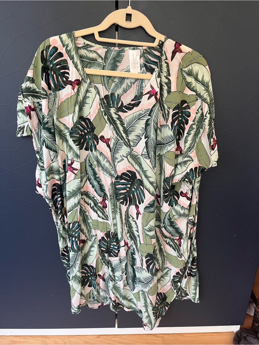 Tropical Leaf Short Sleeve Women's Swimwear Beach Coverup- Green & Pink